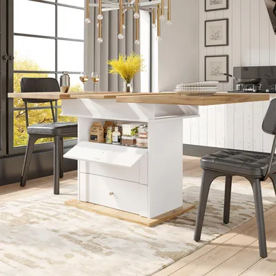 Image de okwish Table de cuisine pliante avec portes minimalistes, pour 4-6 personnes, table à manger extensible avec casier à vin et tiroirs, meuble pour cuisine et salon – blanc