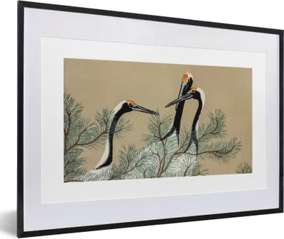 Produktbild von MuchoWow® Gerahmtes Poster Kranich - Blätter - Vintage - Japanisch - Skandinavisch 60x40 cm - Poster mit Schwarzem Bilderrahmen Wandposter Rahmen Foto Bilder - Schlafzimmer - Plakat in Rahmen - Drucken