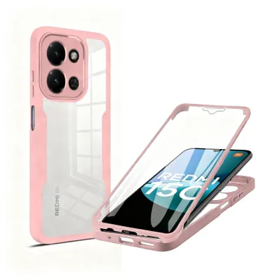 A pink and transparent phone case is shown, with a phone inside a similar case in the background.