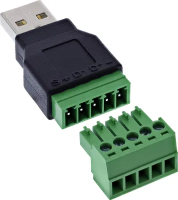 Produktbild von InLine 92504A, USB-A / Terminalblock, 5-polig, Schwarz, Grün, Stecker/Buchse, Gerade, 26/16, 300 V