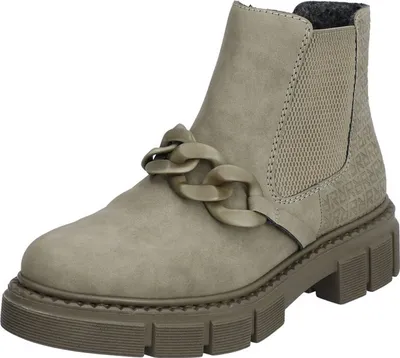 A single green Rieker Chelsea boot with a chunky sole and chain detail is shown against a white background.