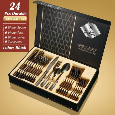 Produktbild von [Besteckset 24 tlg. [Gift Box] in verschiedenen Farben] glänzendes Edelstahlbesteck für. 6 Personen Messer, Gabel, Löffel Cutlery Set mit Geschenkbox, Farben:Schwarz