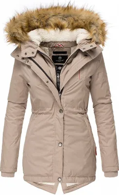 Produktbild von Marikoo Akira Damen Winter Parka Mantel mit Kapuze Kunstfellkragen Teddyfell Jacke Taupe Gr. 34 - XS