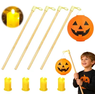 Productafbeelding van 4 stuks lantaarnstaaf, 30 cm houten lantaarnstokken, Halloween, elektronische led-lantaarns