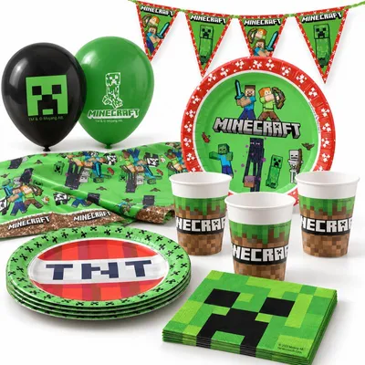 Produktbild von Minecraft Partyset 46 tlg. Kindergeburtstag Party Geburtstag-Deko Dekoration Teller Becher Servietten Einweggeschirr