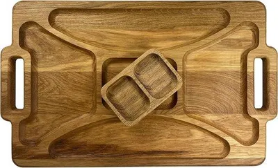 Immagine prodotto di Tagliere rettangolare in legno con scomparti e vaschetta per salse, ideale per formaggi e stuzzichini