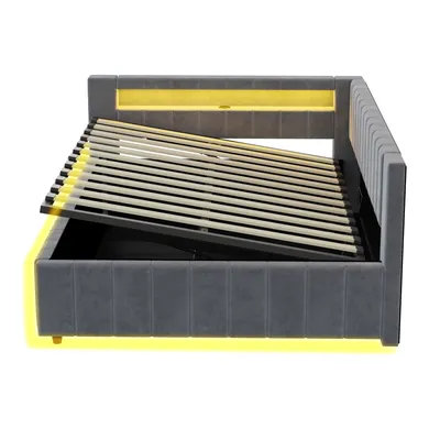 Produktbild von Merax Tagesbett 140x200 hydraulischem Stauraum, Polsterbett aus Samt mit LED-Beleuchtung, Kinderbett mit USB-/Typ-C-Anschluss & Lattenrost, Grau