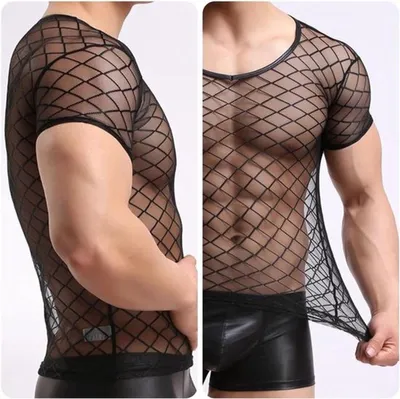 Herren Mesh Struktur Weste mit kurzen Ärmeln, transparente Slim Fit Clubwear Top in Schwarz für Sport und Freizeit