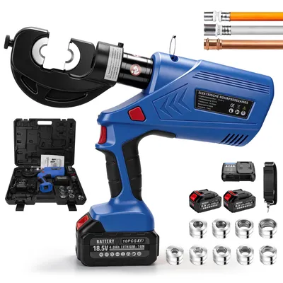 Image de Pince à sertir électrique 21V pour tubes, hydraulique, avec 2 batteries de 4,0 Ah et jeu de pinces à sertir V+TH, comprenant 9 matrices pour tubes en cuivre, en acier inoxydable et en multicouche