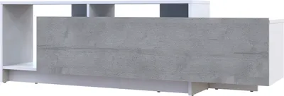 A white and gray TV stand with a wood-grain texture on the front panel.
