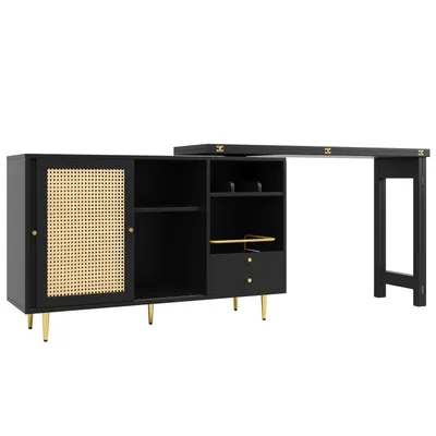 Produktbild von Flieks Bartisch 360°drehbar mit Rattan-Schiebetür, Stehtisch mit klappbare Tischplatte, Sideboard Essbar 120-187x40-80x76 cm, schwarz