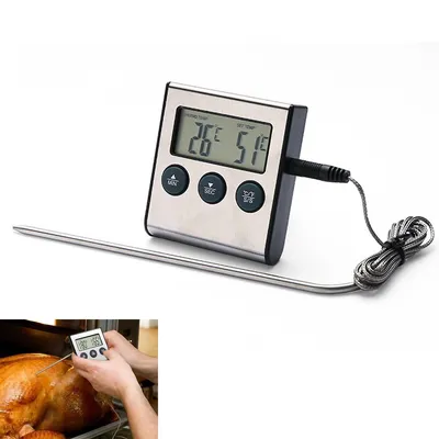 Produktbild von Digitales Küchen-Fleischthermometer ,0–250 °C mit Timer, Alarmfunktion, Edelstahlsonde, LCD-Display, präzise ±1 °C, für Ofen, Grill & BBQ
