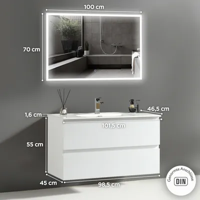 Produktbild von Alpenberger Waschbecken mit Unterschrank 100 cm Breit | Waschbeckenunterschrank Gäste WC | Badezimmerspiegel mit Beleuchtung | LED Spiegel Bad