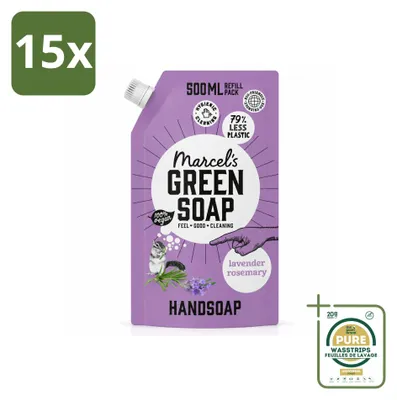 Immagine prodotto di 15 confezioni di sapone liquido per le mani "Marcel's Green Soap", ricarica - Lavanda e rosmarino - 500 ml - Confezione risparmio - 15 pezzi