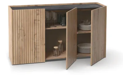 Sideboard 3-türig, Schwarz/Eiche, Gold, 80x140x40 cm, modern