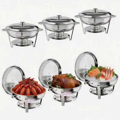 Obrázek produktu pro Sada ohřívacích nádob – kulaté ohřívací nádoby na bufet – 6 kusů, objem 4,7 l – nerezová ocel – s držákem na víko, lžící a kleště – vhodné pro catering, svatby, oslavy