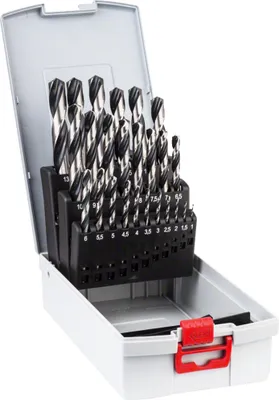 A set of drill bits in a plastic case.
