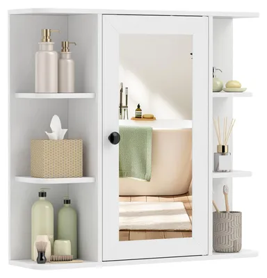 Produktbild von COSTWAY Spiegelschrank Bad, Badezimmerschrank mit Spiegel, 3 Innenablagen, 6 offenen Fächern&Einzeltür, Badschrank, Wandschrank, 66x 16,5x63 cm Weiß