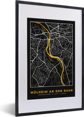 Produktbild von MuchoWow® Gerahmtes Poster Mülheim an der Ruhr - Gold - Stadtplan - Karte - Deutschland 40x60 cm - Poster mit Schwarzem Bilderrahmen Wandposter Rahmen Foto Bilder - Poster in Rahmen