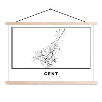 Produktbild von MuchoWow® Textilposter Karte - Belgien - Gent - Karte - Stadtplan - Schwarz und weiß 60x40 cm mit holzfarbenen Rahmen - Bilder