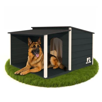 Produktbild von Outentin Hundehütte Isoliert Winterfest XL für Große Hunde –Hundehaus mit Flachdach & Terrasse –Wetterfeste Villa ausHolz–123x105x73cm, Anthrazit