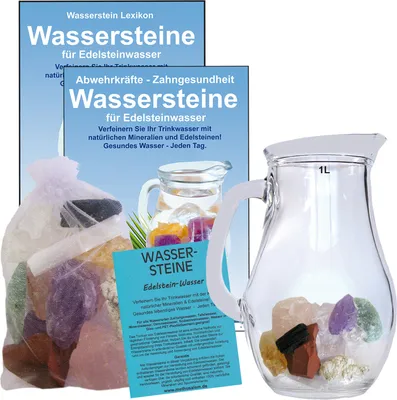 Produktbild von Edelstein Wasser Ruhe & Entspannung 5-tlg Set zum Wasser energetisieren + 1 Liter Glaskrug + Beschreibung
