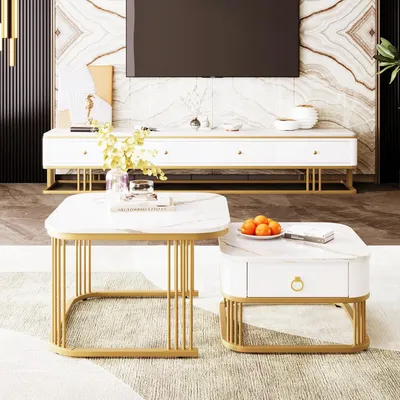 Immagine prodotto di Set di 2 tavolini, tavolino da salotto lucido con aspetto marmoreo, tavolino moderno con spazio di archiviazione, per soggiorno, balcone, bianco e oro