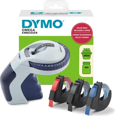 Produktbild von DYMO Prägeetikettendrucker mit 3 Etikettenbändern | Startsatz für Omega Etikettendrucker | Kleines und ergonomisches Design mit Drehrad | Für Zuhause, Hobbyprojekte und Kunsthandwerk (€, Å, Ä, Æ & Ö)