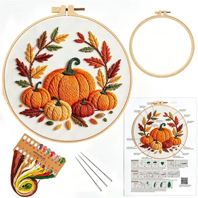 Produktbild von Borduurset Kürbis und Herbstblätter, 25 x 20 cm, für Herbstdekoration