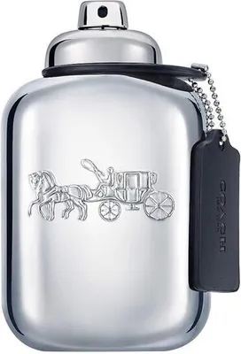 A silver Coach Platinum Eau de Parfum bottle with a black tag hanging from it.