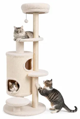 Produktbild von KOMFOTTEU 6 stufiger Kratzbaum, 150 cm hoher Katzenbaum mit 2 Katzenhöhle, Sisal-Kratzsäulen & gepolsterte Plattformen, Katzenturm, Katzenkratzbaum mit Hängeball, Kletterbaum für Katzen, Weiß