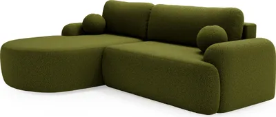 Obrázek produktu pro BETTSO Elegantní zelený roh CLOUDY vlevo v látce z jehněčí kůže se zaoblenými boky a dekorativními polštáři ve tvaru koule
