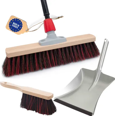 Produktbild von Novaliv Straßenbesen Set 40 cm I Besen Kehrblech und Handfeger Teleskopstiel I Arenga-Elaston schwarz-rot I  mit Stiel ausziehbar I Industriebesen Kehrbesen Gartenbesen Hofbesen