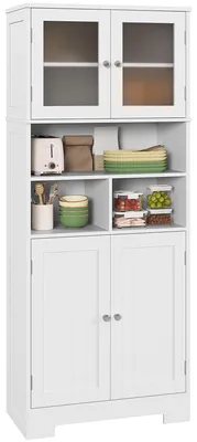 Produktbild von Kš¹chen-Sideboard mit 2 Schr?nken und 3 offenen F?chern, Glastš¹ren und verstellbaren Einlegeb?den, 60 x 30 x 145,5 cm, Wei?