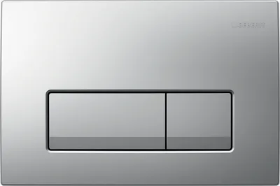 A close-up studio shot of a silver toilet flush plate with two buttons.