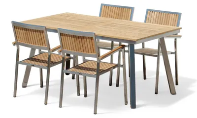 Produktbild von ALEOS. Gartengarnitur Edelstahl Teak Set Tisch Nassau 160x90 cm + 4 stapelbare Sessel beste Teakholz Qualität A-Grade Sitzgarnitur Gastronomiequalität Gartenmöbelgarnitur Esstischset Stapelsessel