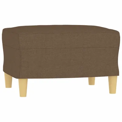 A brown fabric ottoman with four light-colored wooden legs, shown against a white background.