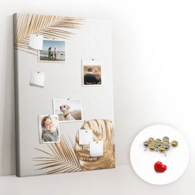 Obrázek produktu pro Korková nástěnka s kolíčky - Tabule s kolíky pro fotografie a poznámky - 80x120 cm - Připínáčky kovové 100 kusů - Zlaté listy