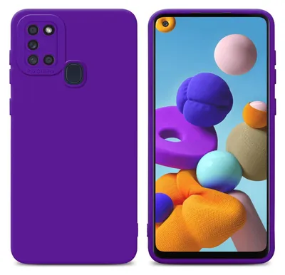 A collage showing the front and back of a purple phone case, and a close-up of a phone screen with colorful abstract shapes.