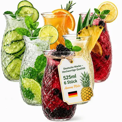 Produktbild von 6 Trinkgläser Ananas Gläser Set Wassergläser Wasserglas Trinkglas Glas 525ml