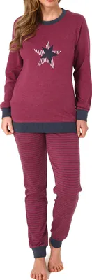 Produktbild von Damen Frottee Pyjama mit Bündchen  und Stern Motiv - Hose gestreift - auch in Übergrössen ; beere , 44/46