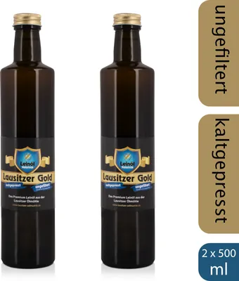 Produktbild von 2 x Lausitzer Leinöl - Lausitzer Gold (kaltgepresstes ungefiltertes Premium Leinöl), 2x 500ml