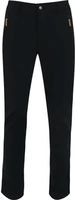 A pair of black pants is shown against a white background.