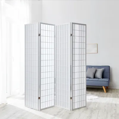 Produktbild von Homestyle4u Paravent Raumteiler 4 teilig Holz Weiss Reispapier Weiß Höhe 175 cm