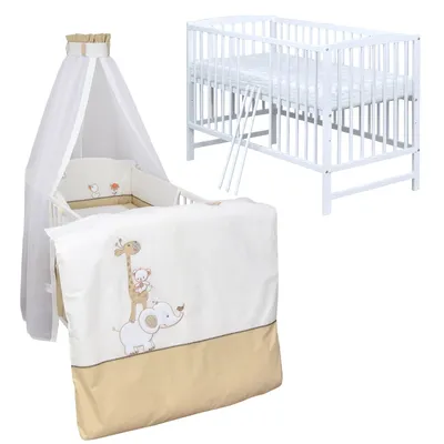 Produktbild von Baby-Delux Babybett Kinderbett Gitterbett Milo Weiß 120x60 Komplett Bettset 10-tlg mit Stickerei Zirkus Beige