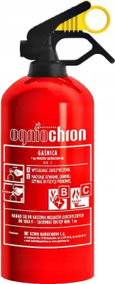 A red fire extinguisher with black and yellow accents, shown against a white background.
