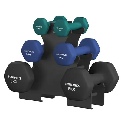 Produktbild von SONGMICS Kurzhantel Set, Hexagon, mit Hantelständer, 2 x 1 kg, 2 x 3 kg, 2 x 5 kg, mattes Finish, Neopren-Beschichtung, Krafttraining, zu Hause