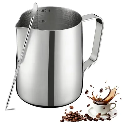 Milchkännchen Edelstahl 350 ml mit Markierung und Latte-Art-Stift