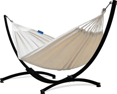 Produktbild von Potenza Outdoor Hängematte mit Gestell für 2 Personen I Baumwolle Doppelhängematte XXL 220x160, 200kg I Schwarz Hängemattengestell 220kg, wetterfest