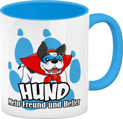 Produktbild von Kaffeebecher Hellblau mit Superhelden - Dogge - Hund mein Freund und Helfer
